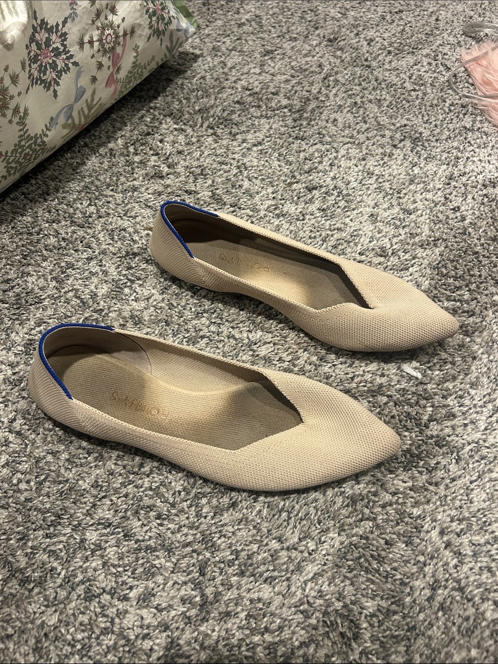 Rothy's Pointed-Toe Flats in Beige with Blue Trim